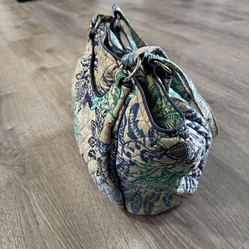 Vera Bradley Shoulder Bag Womens Medium Blue Green Floral Quilted Cotton Zip Top